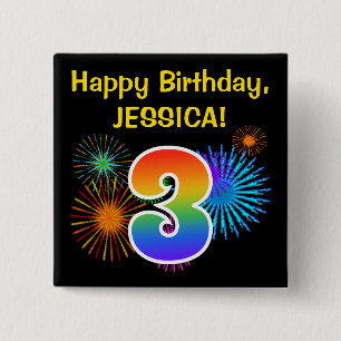Badge Carré 5 Cm Fun Fireworks + Rainbow Motif "3" Anniversaire #