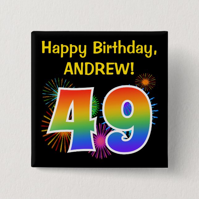 Badge Carré 5 Cm Fun Fireworks + Rainbow Motif "49" Anniversaire # (Devant)