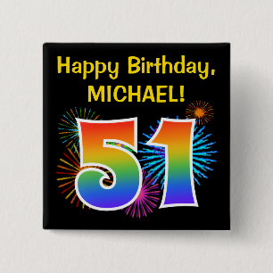 Badge Carré 5 Cm Fun Fireworks + Rainbow Motif "51" Anniversaire #