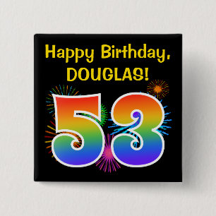 Badge Carré 5 Cm Fun Fireworks + Rainbow Motif "53" Anniversaire #