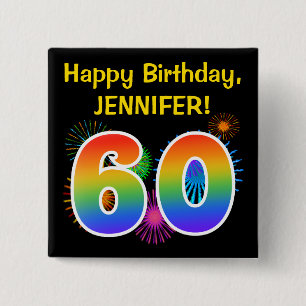 Badge Carré 5 Cm Fun Fireworks + Rainbow Motif "60" Anniversaire #
