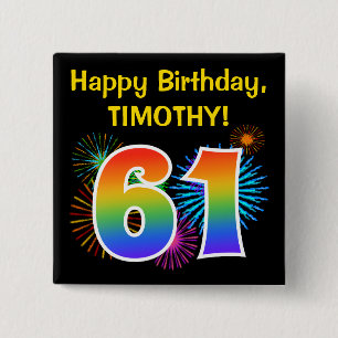 Badge Carré 5 Cm Fun Fireworks + Rainbow Motif "61" Anniversaire #