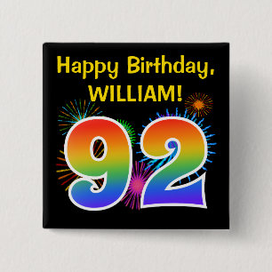 Badge Carré 5 Cm Fun Fireworks + Rainbow Motif "92" Anniversaire #