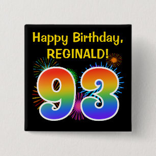 Badge Carré 5 Cm Fun Fireworks + Rainbow Motif "93" Anniversaire #