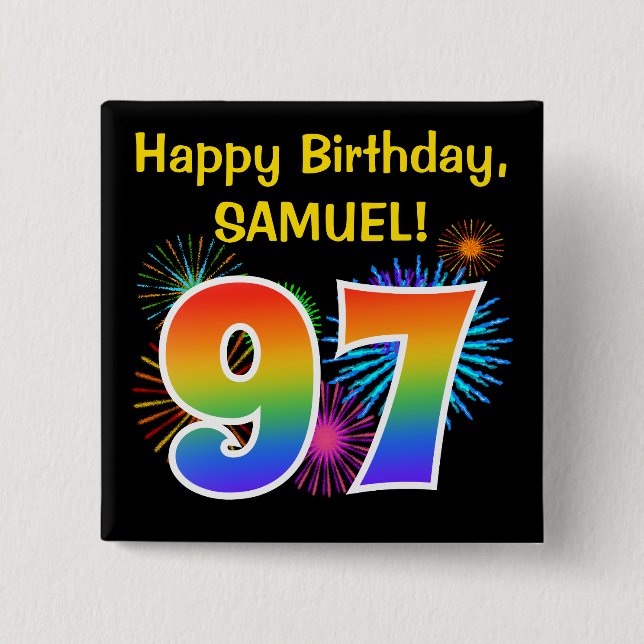 Badge Carré 5 Cm Fun Fireworks + Rainbow Motif "97" Anniversaire # (Devant)