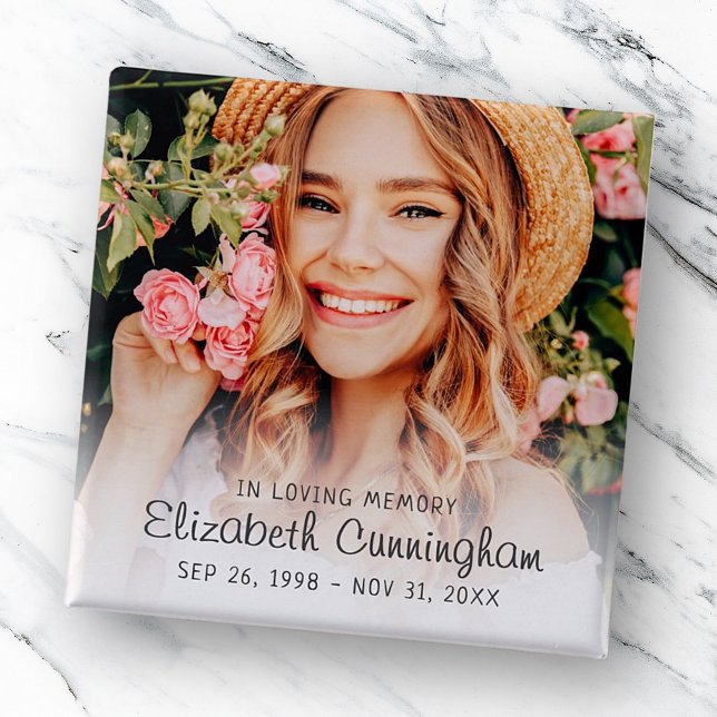 Badge Carré 5 Cm Funérailles Mémorial Photo Simple Cursive (Créateur téléchargé)
