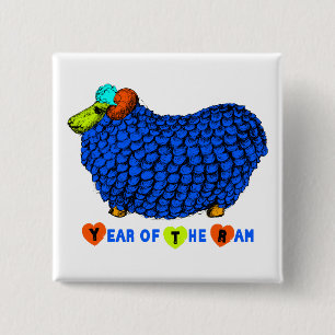 Badge Carré 5 Cm Funky Bleu Bélier Chinois Année Zodiac Carré B