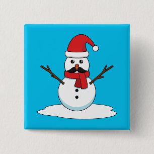 Badge Carré 5 Cm Funny Snowman avec Moustache et carotte