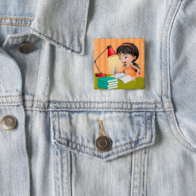 Badge Carré 5 Cm Girl Studying at Desk Doing Homework (Créateur téléchargé)