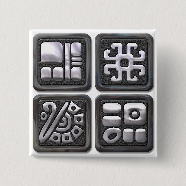 Badge Carré 5 Cm Glyphs-noir et argenté maya (Devant)