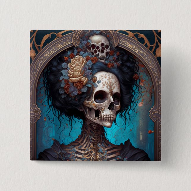 Badge Carré 5 Cm Goth Skeleton Skull Woman Gothique (Devant)