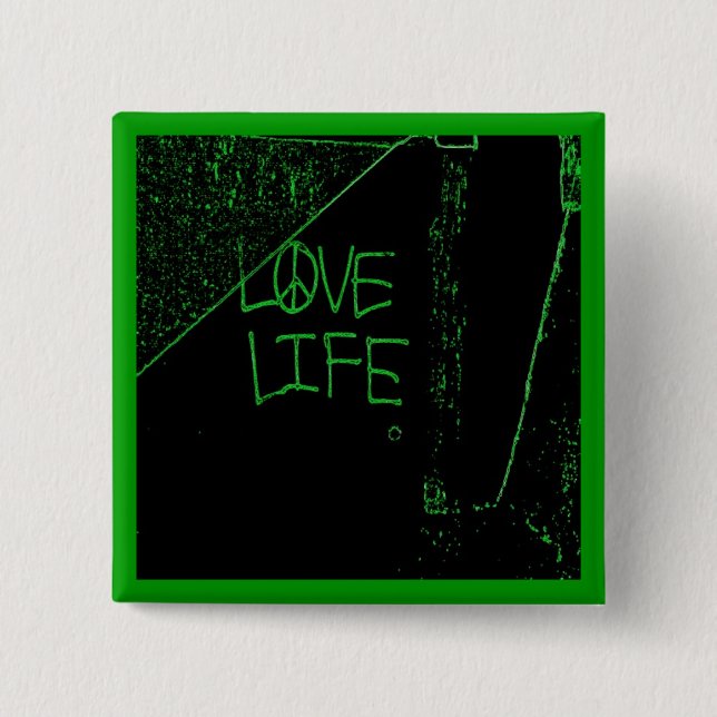 Badge Carré 5 Cm Graffiti "Love Life" Bouton vert néon (Devant)