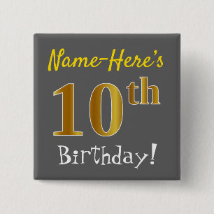 Badge Carré 5 Cm Gray, Faux Gold 10th Birthday, With Custom Name