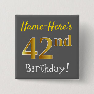 Badge Carré 5 Cm Gray, Faux Gold 42nd Birthday, With Custom Name