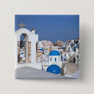 Badge Carré 5 Cm Grèce, Santorin. Clocher et dômes bleus de 2