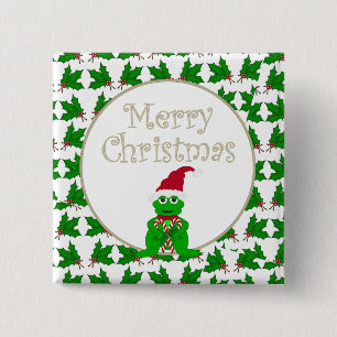 Badge Carré 5 Cm Grenouille de Joyeux Noël avec le bouton de sucre