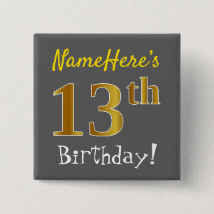 Badge Carré 5 Cm Grey, Faux Gold 13e Anniversaire, Avec Nom Personn