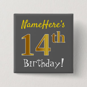 Badge Carré 5 Cm Grey, Faux Gold 14e Anniversaire, Avec Nom Personn