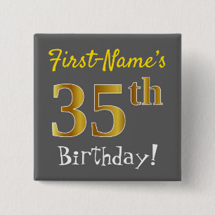 Badge Carré 5 Cm Grey, Faux Gold 35th Birthday, Avec Nom Personnali