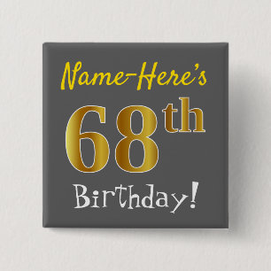 Badge Carré 5 Cm Grey, Faux Gold 68e Anniversaire, Avec Nom Personn