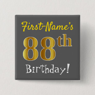 Badge Carré 5 Cm Grey, Faux Gold 88th Birthday, Avec Nom Personnali
