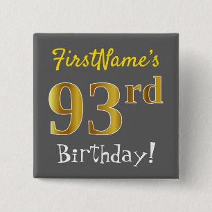 Badge Carré 5 Cm Grey, Faux Gold 93e Anniversaire, Avec Nom Personn