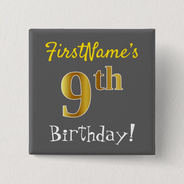 Badge Carré 5 Cm Grey, Faux Gold 9th Birthday, Avec Nom Personnalis (Devant)