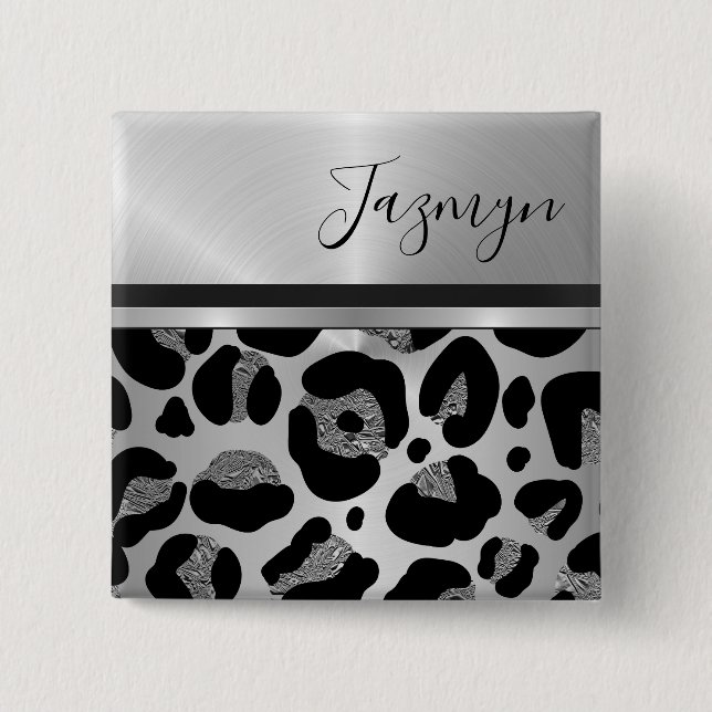 Badge Carré 5 Cm Grille Silver Leopard Safari Impression (Devant)