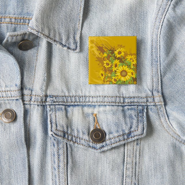 Badge Carré 5 Cm Grunge Tournesol Art Bold Rustique Jaune Floral (Créateur téléchargé)