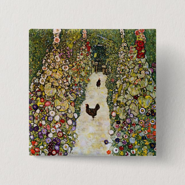 Badge Carré 5 Cm Gustav Klimt - Chemin du jardin avec poulets (Devant)