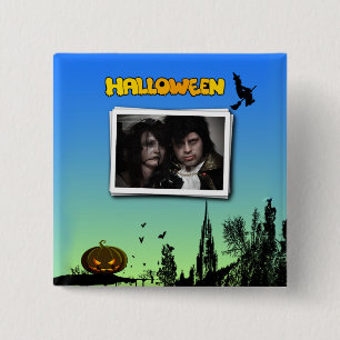 Badge Carré 5 Cm Halloween Dusk with Witch Ajouter cadre photo