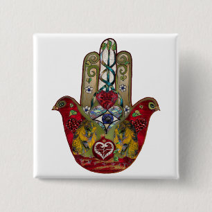 Badge Carré 5 Cm Hamsa Rouge Oiseau Cœur Grenade Rubis