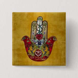 Badge Carré 5 Cm Hamsa Rouge Oiseau Cœur Grenade Rubis