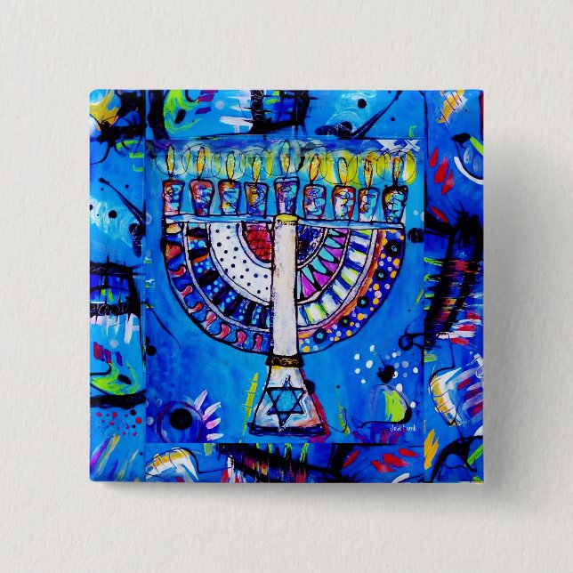 Badge Carré 5 Cm Hanoukka heureux Menorah (Devant)