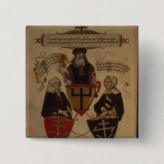 Badge Carré 5 Cm Hans Fugger deux épouses Clara Widolf et Elisabeth (Devant)