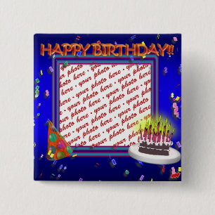 Badge Carré 5 Cm Happy Birthday With Confetti  Photo Frame