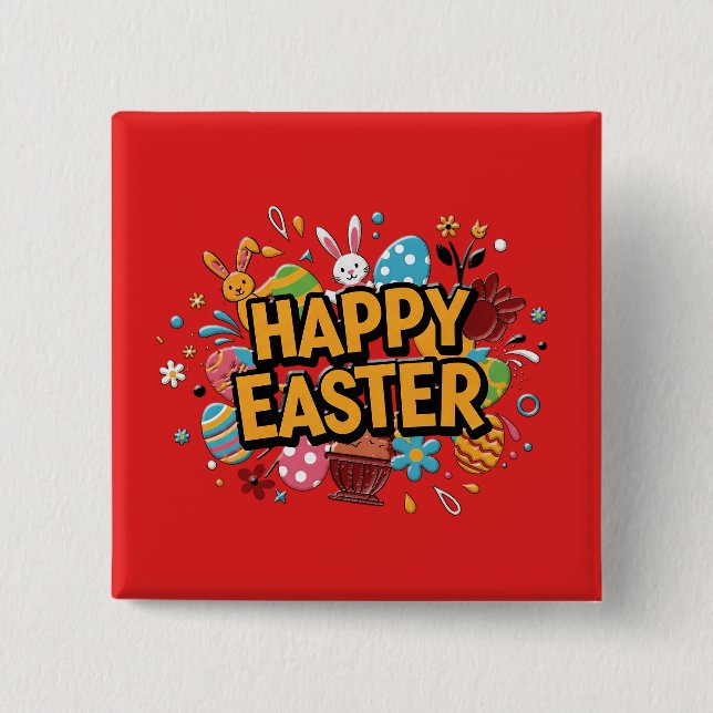 Badge Carré 5 Cm Happy Easter Colorful Bunny & Eggs Pin (Devant)