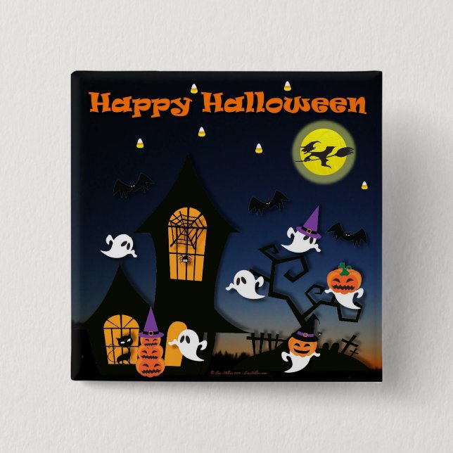 Badge Carré 5 Cm Happy Halloween Haunted House (Devant)