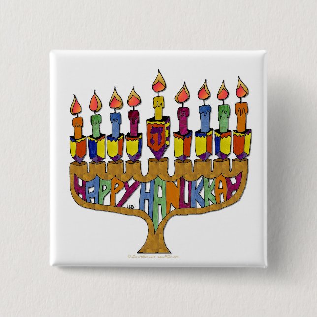 Badge Carré 5 Cm Happy Hanukkah Dreidels Menorah (Devant)