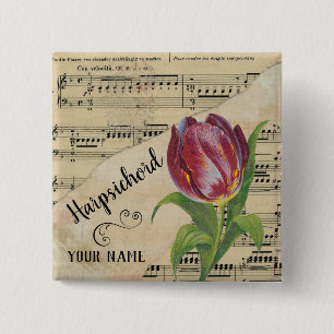 Badge Carré 5 Cm Harpsichord Tulip Partition Vintage Musique Custom