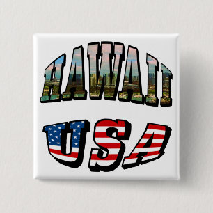 Badge Carré 5 Cm Hawaii Picture et USA Flag Text