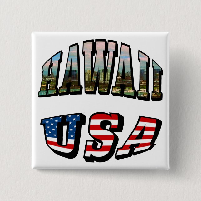 Badge Carré 5 Cm Hawaii Picture et USA Flag Text (Devant)