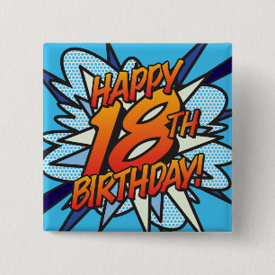 Badge Carré 5 Cm HEUREUX 18E ANNIVERSAIRE Fun Retro Comic Book