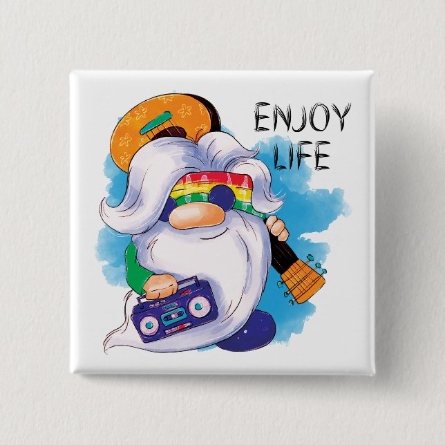 Badge Carré 5 Cm Hippie Gnome : Profitez de la vie (Devant)
