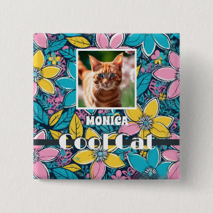 Badge Carré 5 Cm Hippie Rétro Fleur Groovy Chat Cool Photo Personna