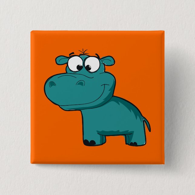Badge Carré 5 Cm Hippopotame heureux bleu (Devant)