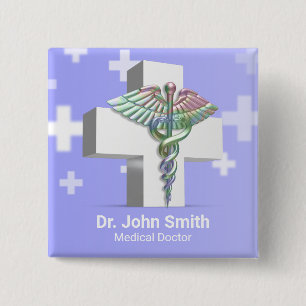 Badge Carré 5 Cm Holographique Médicale 3D Caduceus Croix blanche