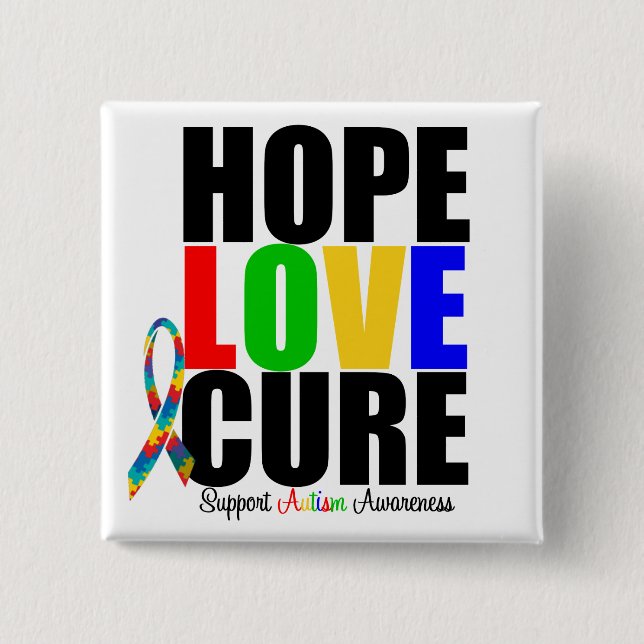 Badge Carré 5 Cm Hope Love Faith Puzzle Ruban Autisme (Devant)