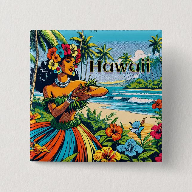Badge Carré 5 Cm Hula Dancer sur les îles Hawaiiennes (Devant)