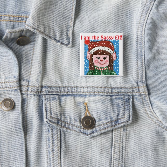Badge Carré 5 Cm I am the Sassy Elf Hat (En situation)